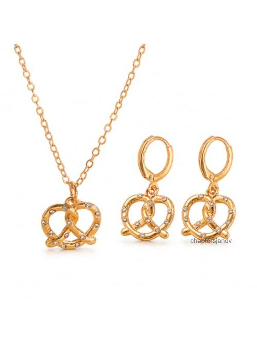 Oktoberfest Pretzel Necklace Earrings Set Gold Tone Beer Festival Jewelry